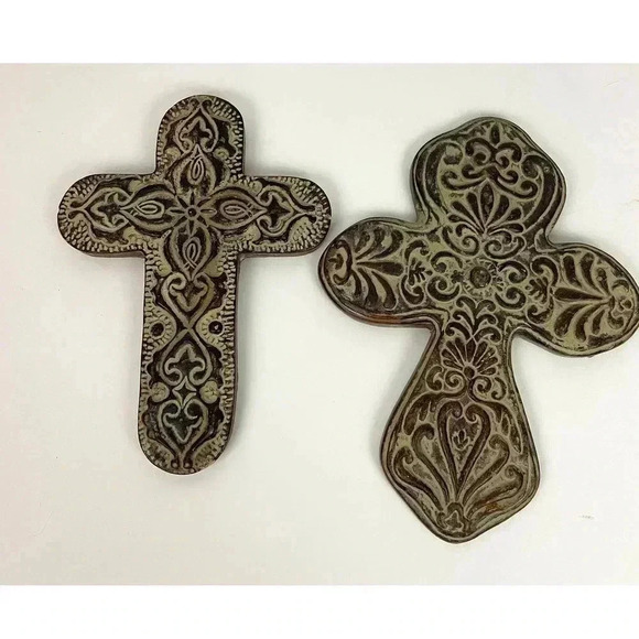 Lot of 2 Brown Rustic Heavy Wall Cross Crucifix Decor Distressed Decorative - Picture 6 of 11